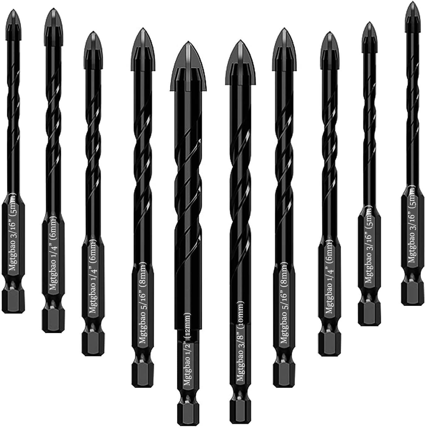 【 New type】Mgtgbao Concrete Drill Bit Set, 10pcs Masonry Drill Bits Set Carbide Tip for Glass, Brick, Tile, Concrete, Plastic and Wood with size 3/16” (5mm),1/4” (6mm), 5/16” (8mm) ,3/8” (10mm), 1/2” (12mm).