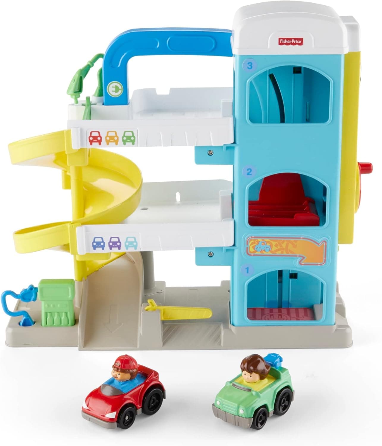 Fisher-Price Little People Toddler Toy Helpful Neighbor's Garage Playset with Spiral Ramp and 2 Wheelies Cars for Ages 18+ Months