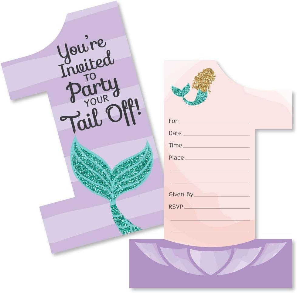 1st Birthday Let's Be Mermaids - Shaped Fill-In Invitations - First Birthday Party Invitation Cards with Envelopes - Set of 12