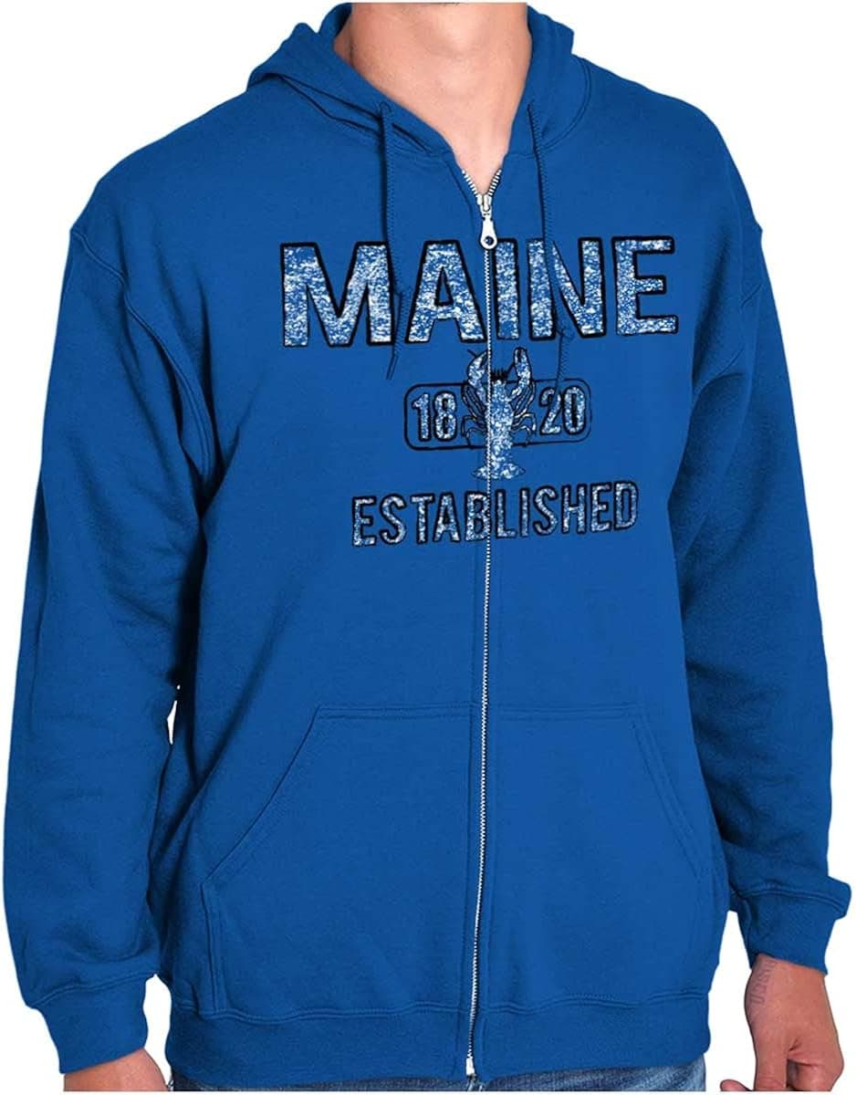 Brisco Brands Maine Lobster Stenciled Distressed ME Zip Up Hoodie Mens Womens