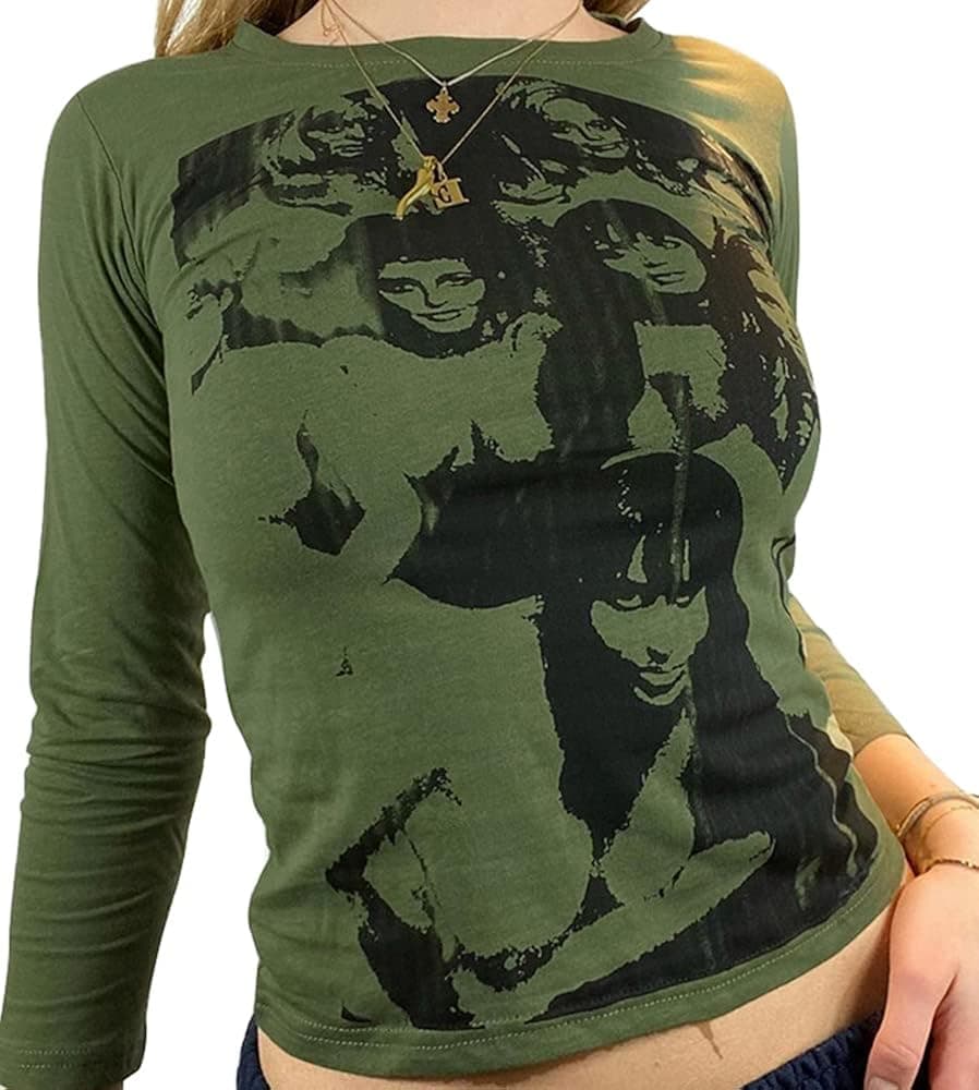 Woxlica Graphic Portrait Print Cyber y2k Shirts Aesthetic Trendy Clothes for Teen Girls Army S