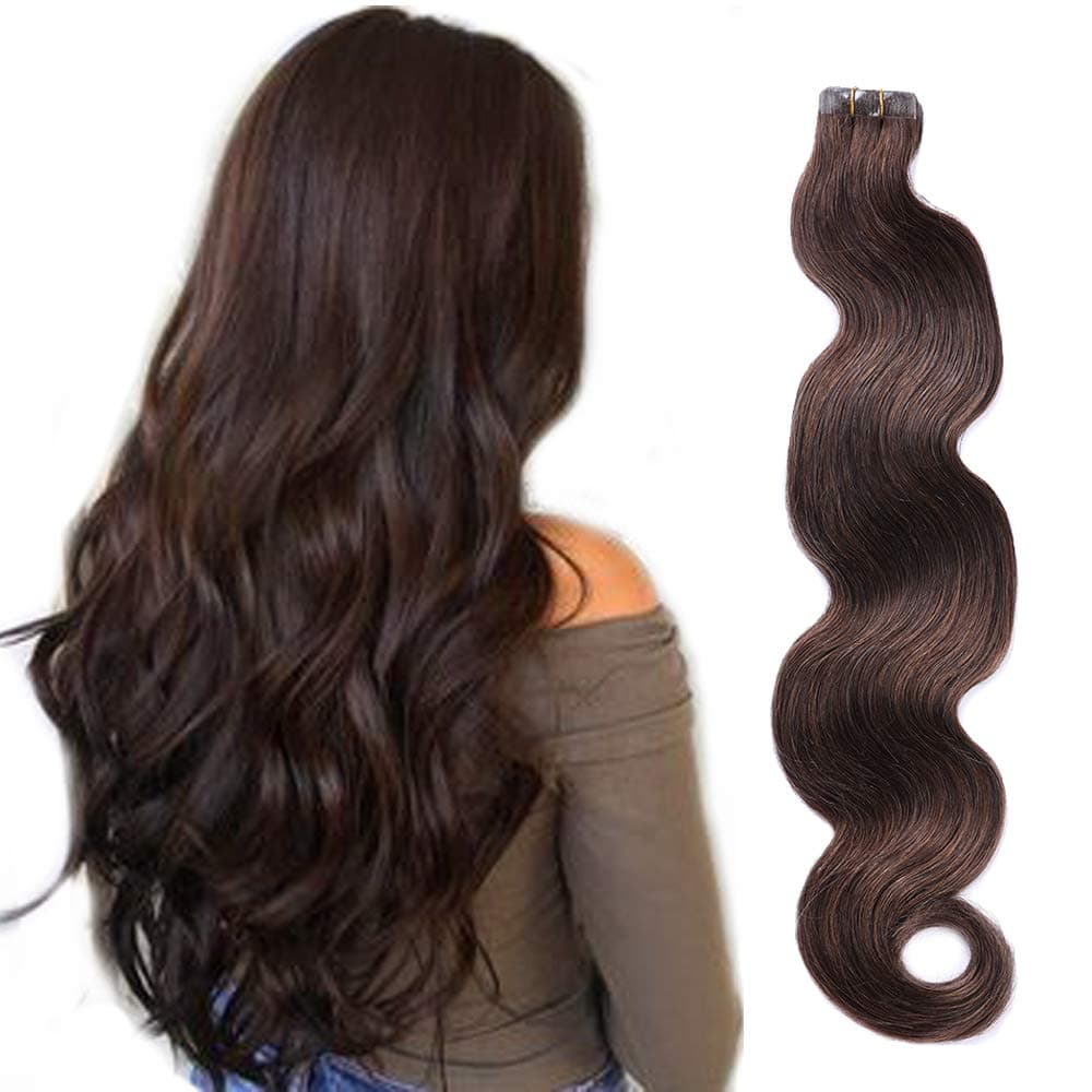 Body Wave Tape in Extensions Remy Human Hair Dark Brown Wavy Glue in Extensions Seamless Skin Wefts 20" 50g 20Pcs Per Package