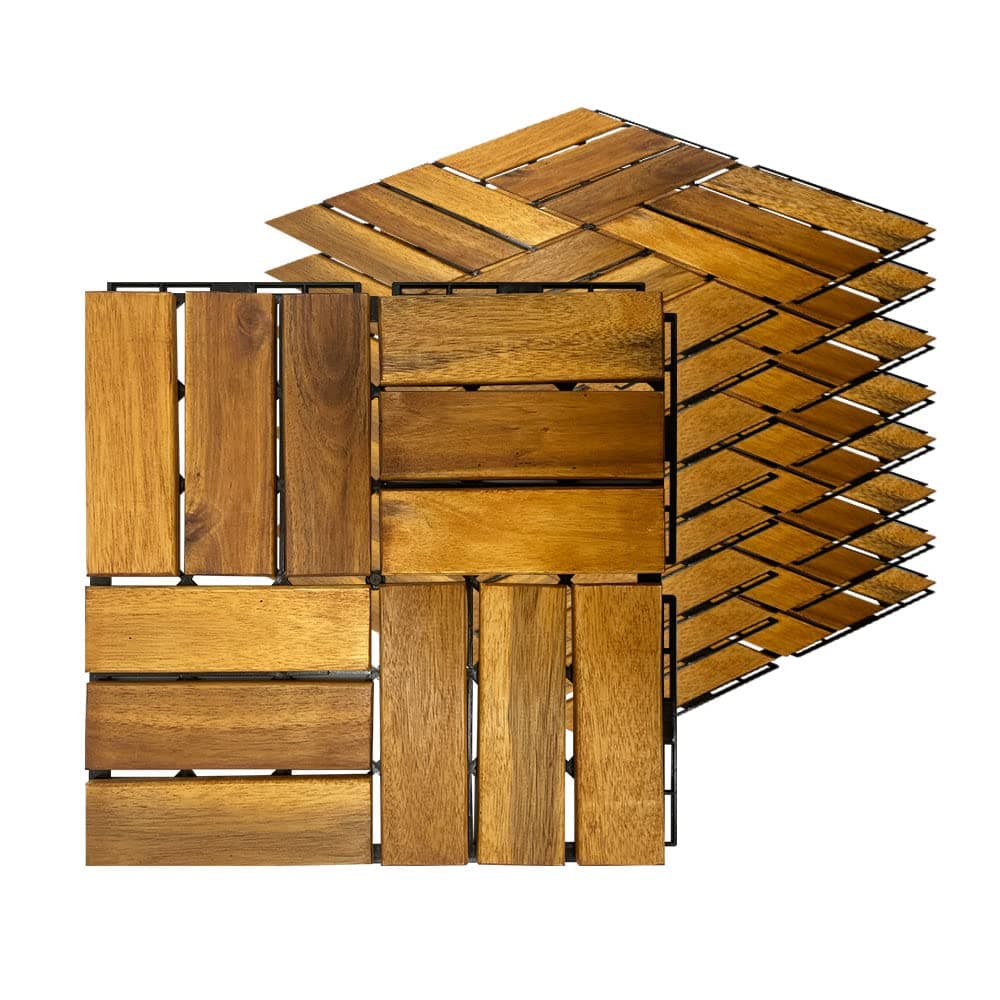 Acacia Hardwood Interlocking Deck Tiles - Oak Grid - 12 inchx12 inch 9pcs - Floor Tiles for Patio and Deck Use Natural Wood Outdoor Decking and Flooring, Rain and Weather Resistant, Heavy Duty