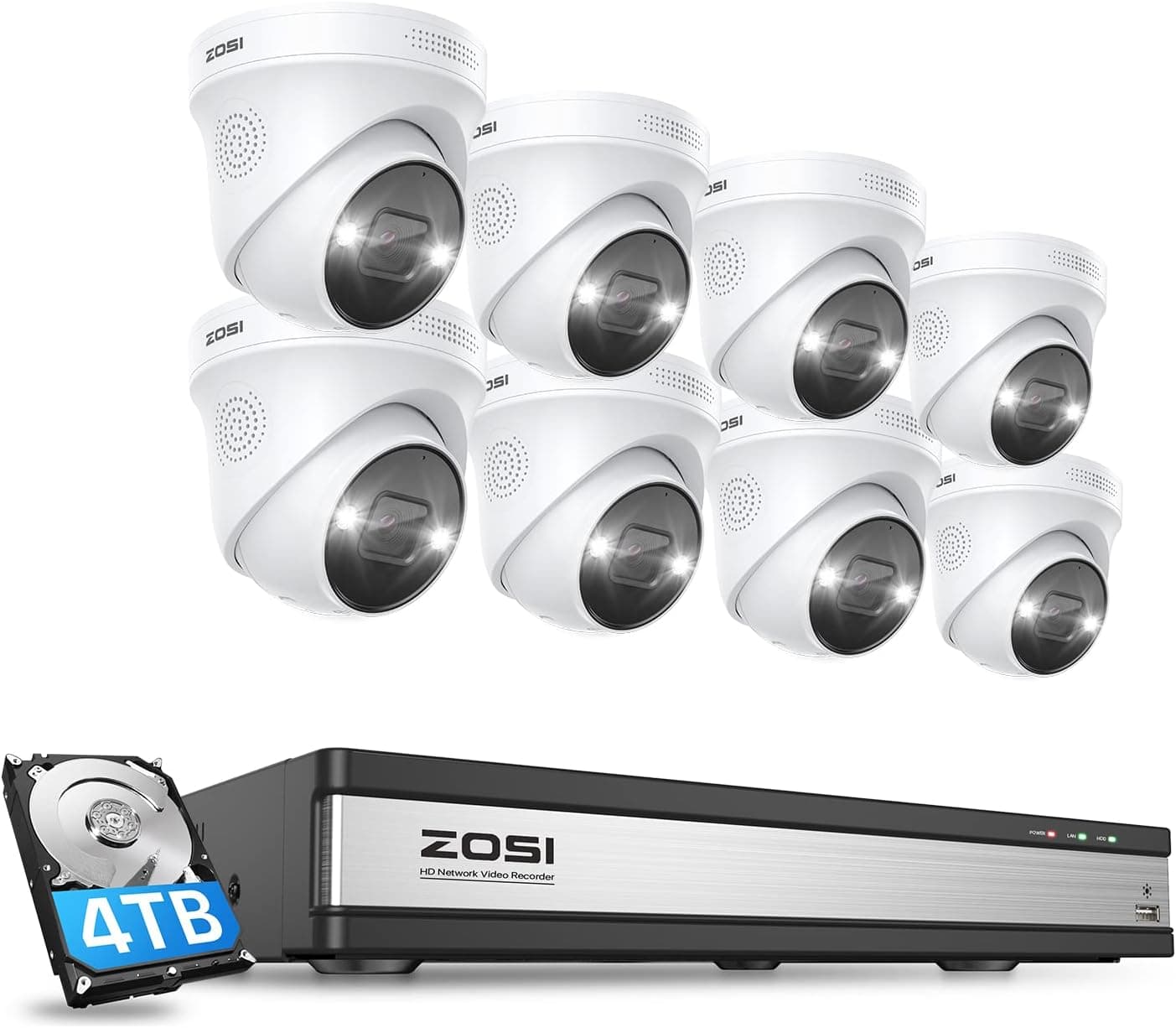 ZOSI 16CH 4K Spotlight PoE Security Camera System,8pcs 4K 8MP Indoor Outdoor PoE IP Cameras,Two-Way Audio and Siren,Color Night Vision,Human Detection,16CH 8MP NVR with 4TB HDD for Home 24/7 Recording