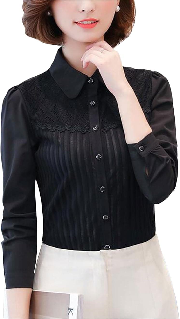 Womens Vintage Collared Button Down Shirt Long Sleeve Lace Stretch Blouse