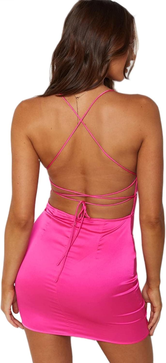 Just Quella Women's Satin Sexy Backless Bodycon Mini Club Dress Sparkly Party Dresses