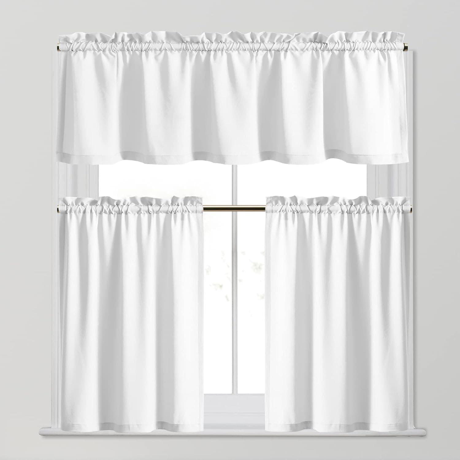 Zceconce White Short Sheer Curtains 36 Inch Length for Kitchen Semi Sheer Linen Look Textured Curtains and Valance Set for Bathroom Half Window Farmhouse Decor, Rod Pocket 3 Panels, 26x36 Inches Long