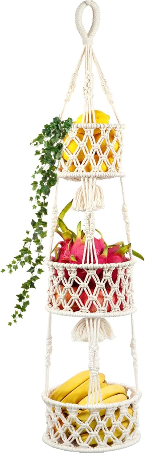 AerWo 3 Tier Hanging Fruit Basket for Kitchen Organizing, Macrame Hanging Basket for Storage Fruits, Veggies, Keep Produce Fresh, 46 Inches Boho Decor Hanging Baskets for Hanging Indoor Plant