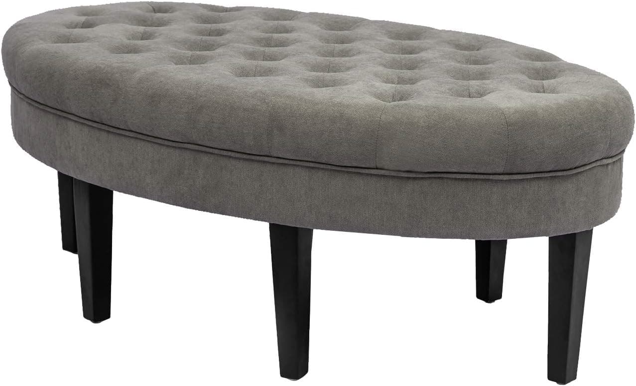 Homebeez Ottoman Bench Oval Tufted Footrest Stool, Modern Fabric Cocktail Coffee Table for Living Room (Light Grey)