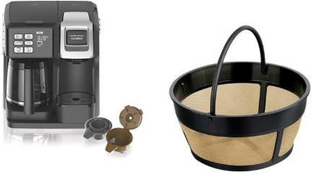 Hamilton Beach 49976 Flex brew 2-Way Brewer Programmable Coffee Maker, Black & Hamilton Beach Permanent Gold Tone Filter, Fits Most 8 to 12-Cup Coffee Makers (80675R/80675 )
