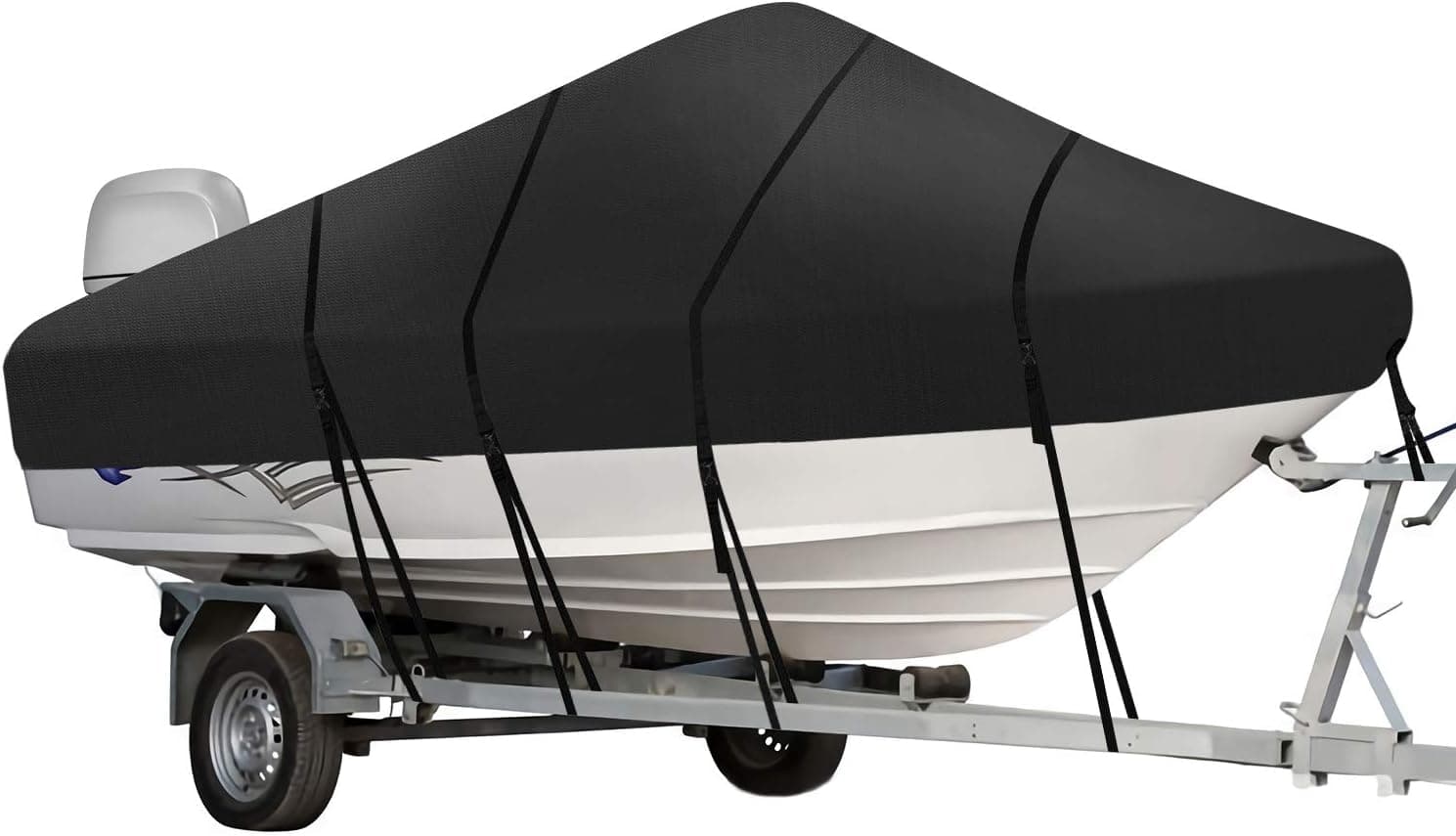 Iyoyo Waterproof 420D Trailerable Polyester Canvas Full Size Durable Boat Cover Black for Runabout Boat,V-Hull,I/O Bass Boats,Free Motor Cover