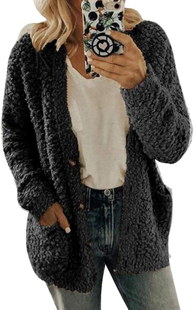 Women Knit Open Front Cardigan - Button Down Long Sleeve Sweater Coat Outwear with Pockets S XXXL