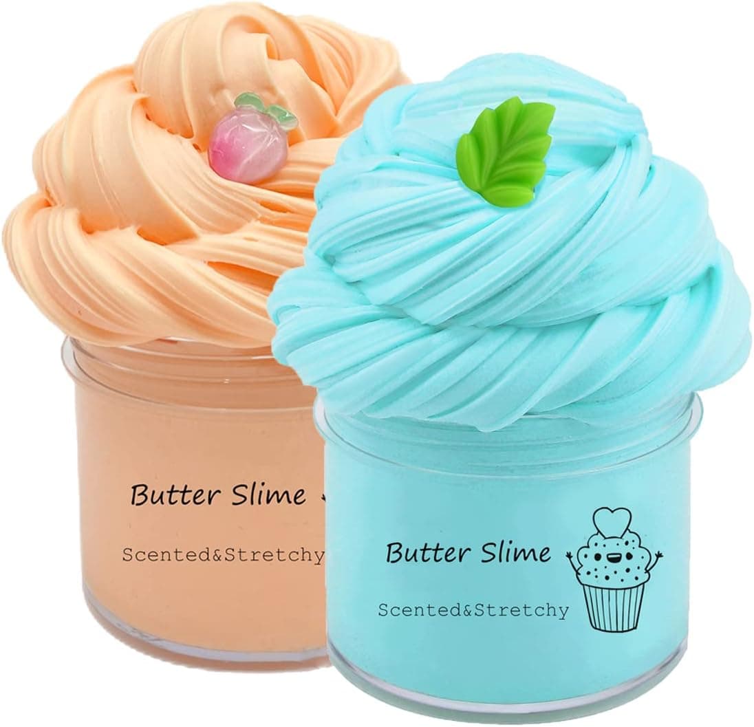 OKEYGO 2 Pack Butter Slime Kit, ,Peach Slime and Mint Slime, Super Soft and Non-Sticky, Birthday Gifts for Girl and Boys