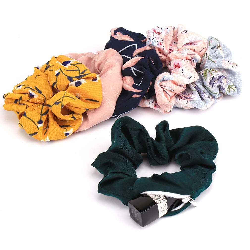 Curasa 6 Pack Velvet Scrunchies with Zipper,Pocket Chiffon Hair Scrunchies Elastic Hair Accessories for Women and Girl