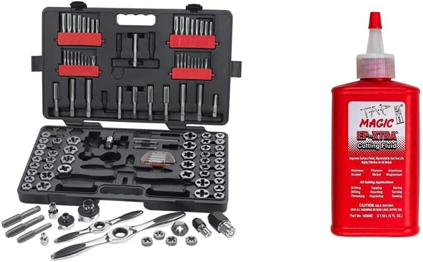 GEARWRENCH 114 Pc. Ratcheting Tap and Die Set, SAE/Metric - 82812 & Forney 20857 Tap Magic Industrial Pro Cutting Fluid, 4 oz