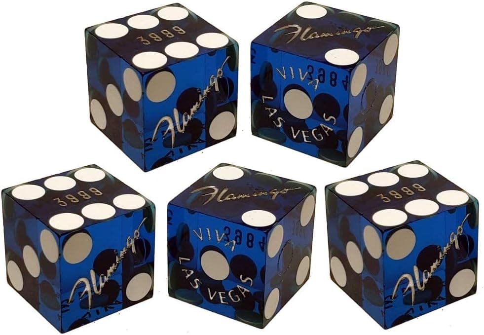 Set of 5 Authentic Las Vegas Casino Table-Played 19mm Dice with Matching Serial Numbers (Flamingo (Blue Polished))