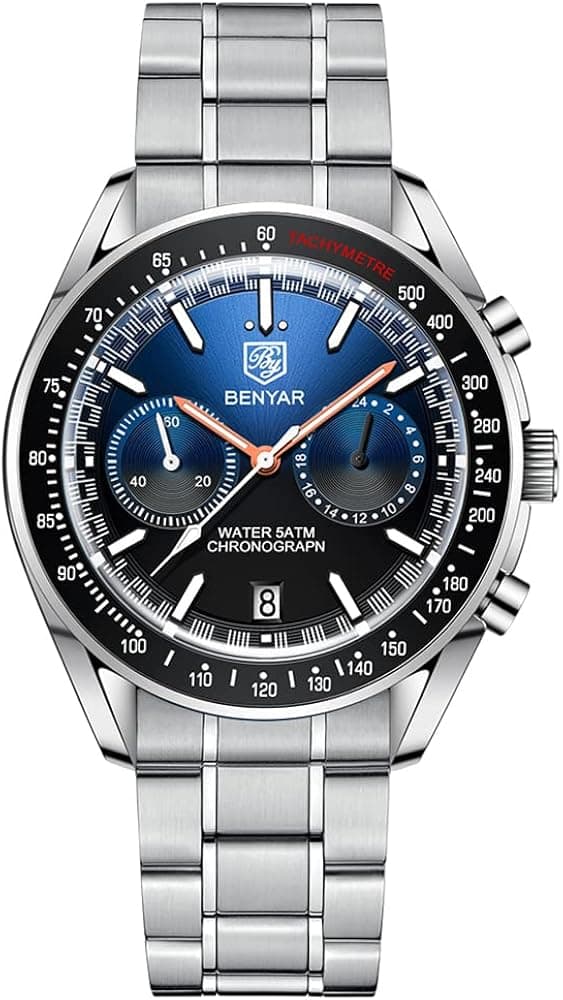 BY BENYAR-Analog Chronograph Quartz Watch for Men, Auto Date 50M Waterproof Mens Watches,Genuine Rubber Strap Stainless Steel Wrist Watch