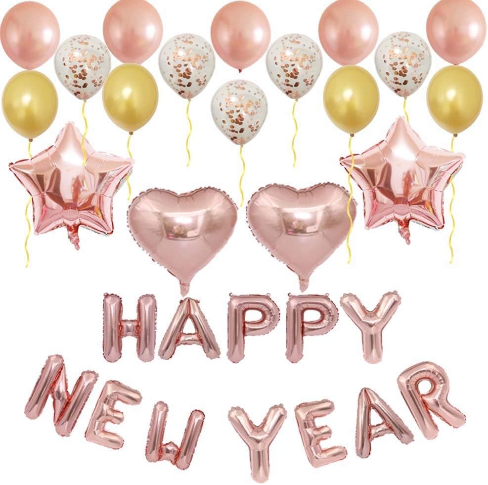 Rose Gold Happy New Year Balloons Banner Decoration Kit with Foil Mylar Heart Balloons|Rose Gold Confetti Latex Balloons for 2020 New Year Eve Festival Party Supplies
