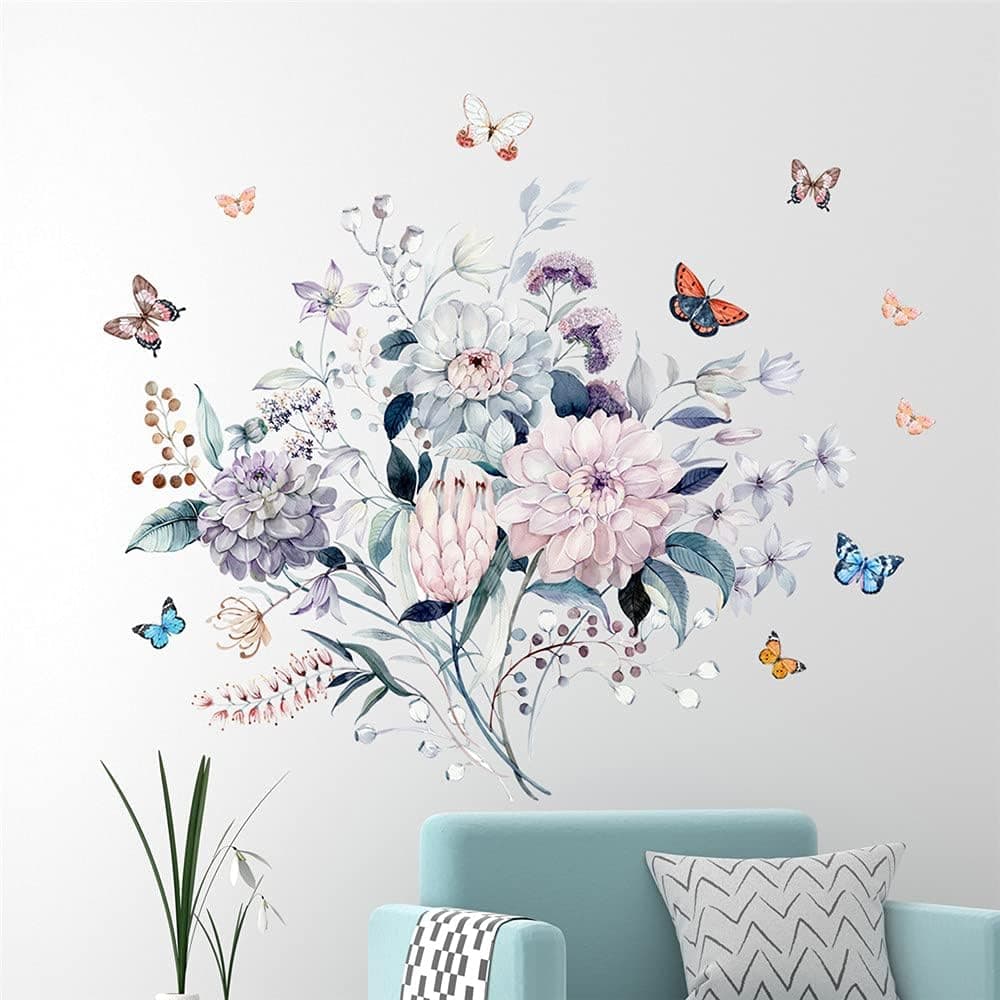 Supzone Butterfly Flower Wall Sticker Rose Floral Wall Decal Watercolor Butterflies Wall Decor DIY Vinyl Mural Art for Bedroom Living Room Sofa Backdrop TV Wall Decoration