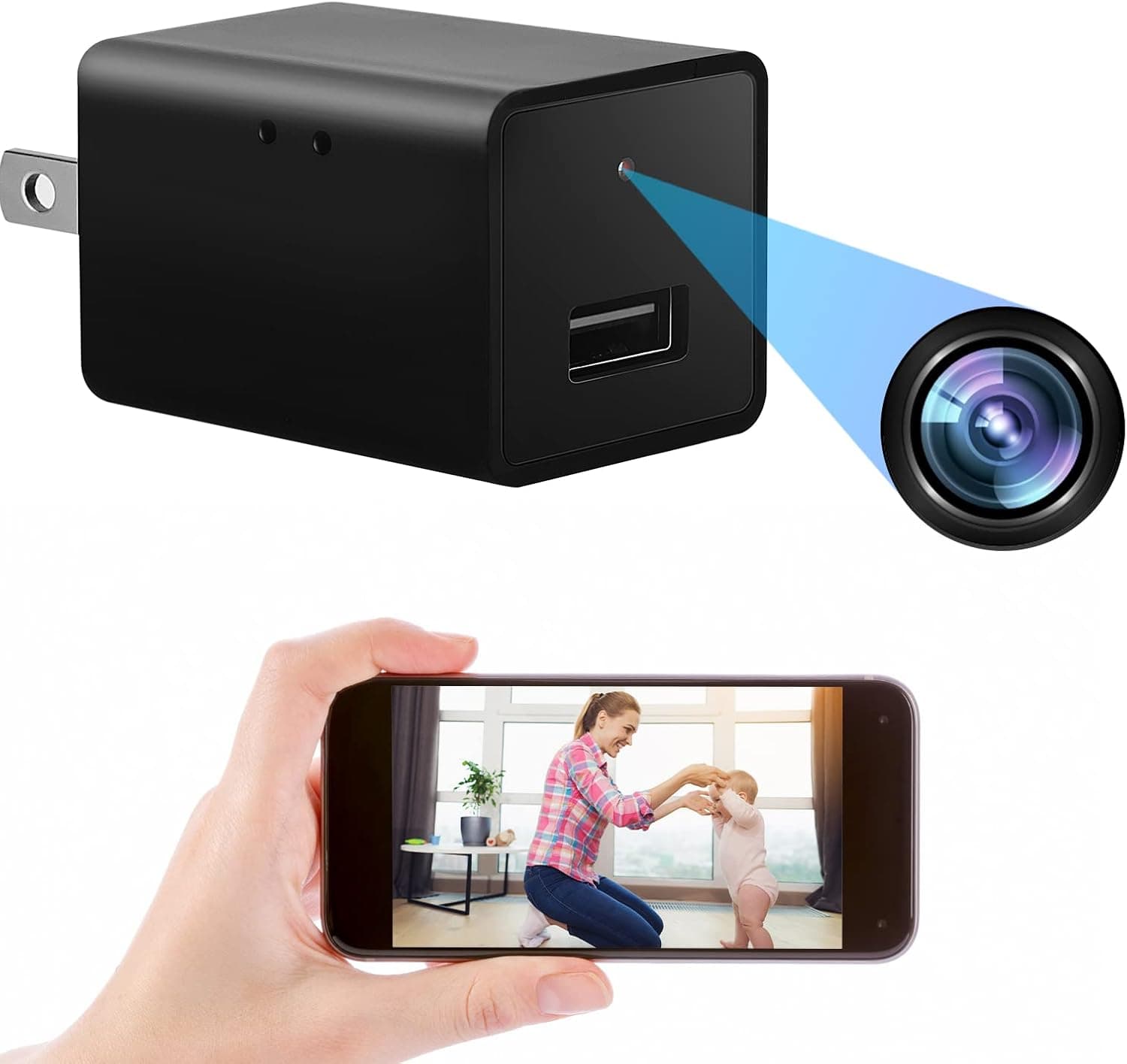 WHDPETS [2022 Upgrade] Mini Wireless WiFi Camera USB Plug Power Wall Charger 1080P Video Recorder Android iOS AC Adapte Micro 128G TF