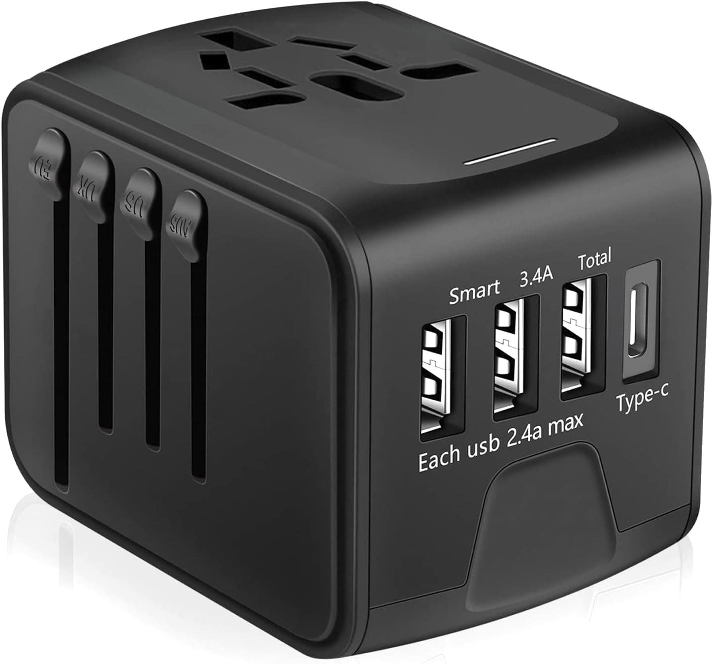 APzek International Travel Adapter, All in One Power Adapter with High Speed 3 USB & Type C Travel Charger, European Adapter, Universal AC Outlet Plugs for EU UK AU US Asia 200+ Countries, Black