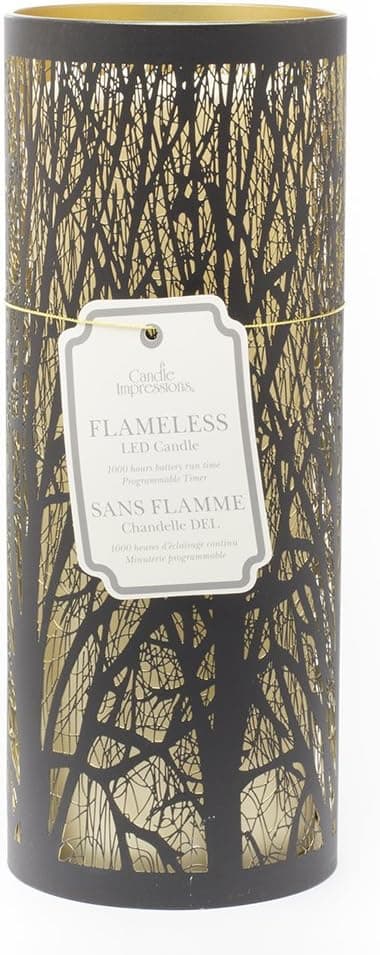 Sterno Home Impression LED Flameless Candle with Etched Tree Luminary with Programmable Timer, 9 inch, Black