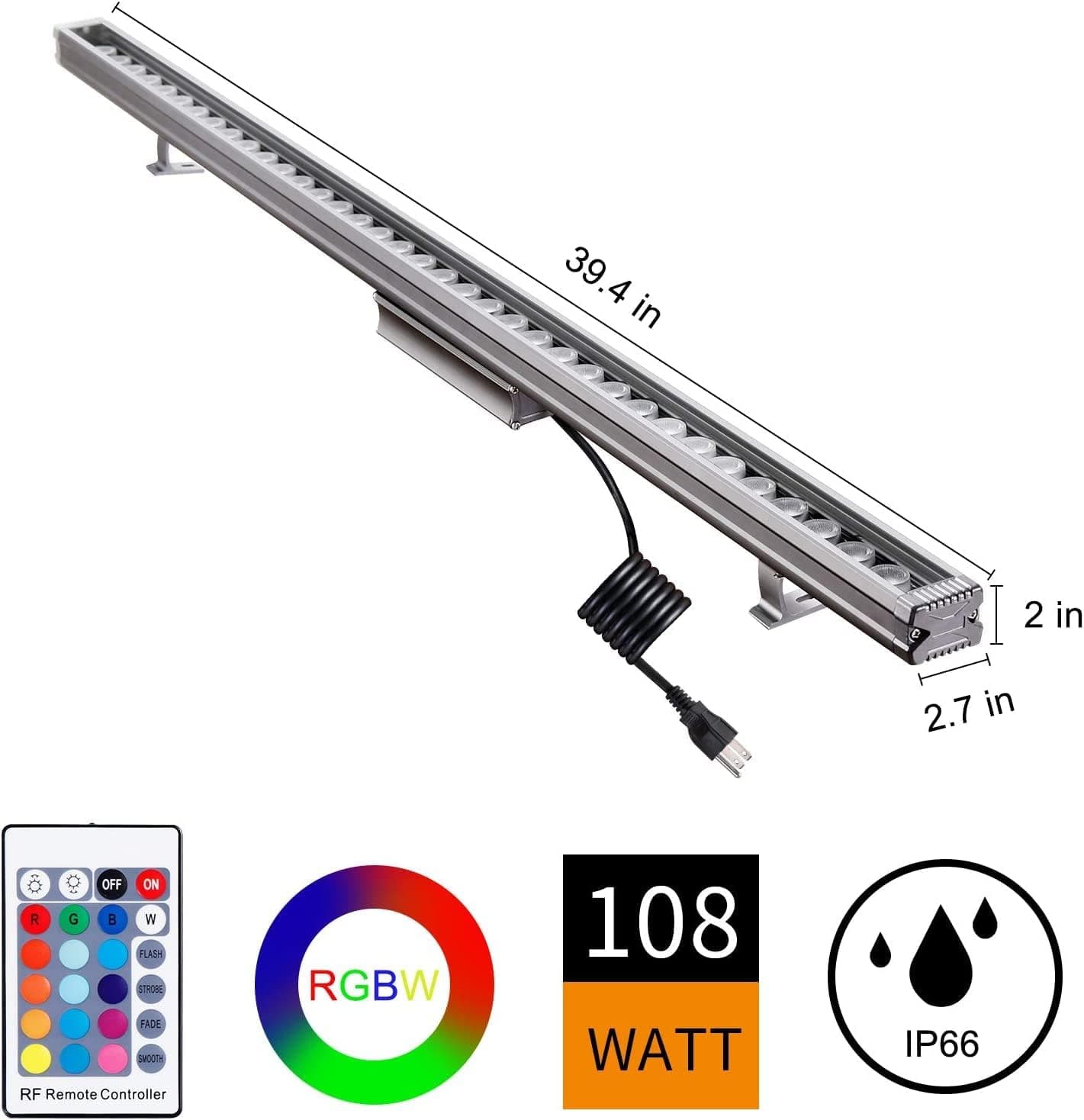144W High Brightness Led Wall Washer Light, 5000K RGB Linear Light with IP66 Waterproof, 40" RGBW Color Changing LED Accent Lights Bar with RF Remote for Outdoor & Indoor Lighting Project, Plug & Play