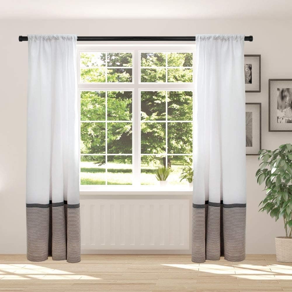 HALL & PERRY Window Curtain (2 Panels) Modern Farmhouse Style with Rod Pocket - White with Black and Taupe Stripes for Living Room or Bedroom, 54 x 84 inch, Set of 2