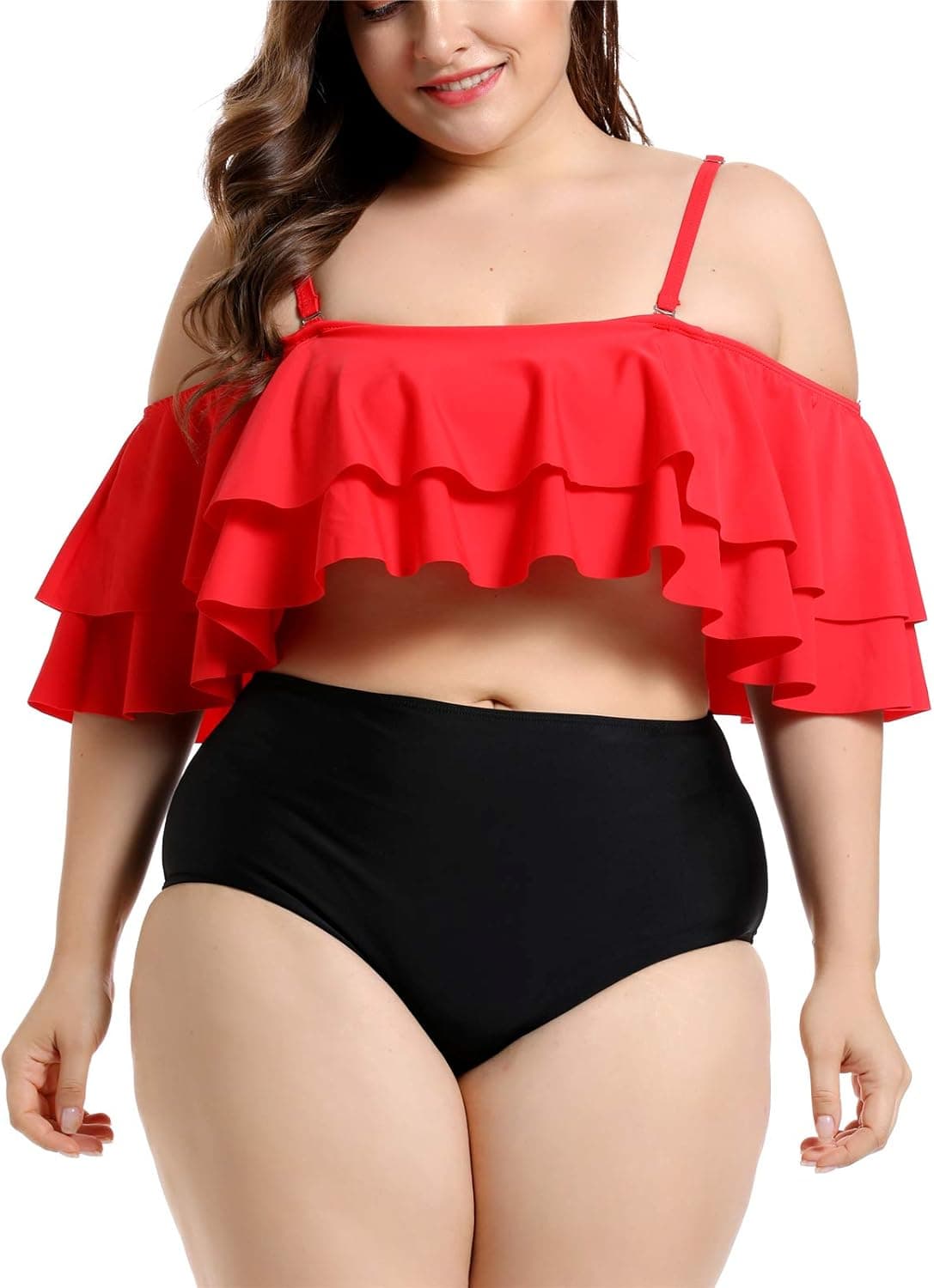 Women's Ruffle Off-Shoulder Plus Size Tankini Floral Print Swimsuit High Waisted Two Pieces Bathing Suit Monokini