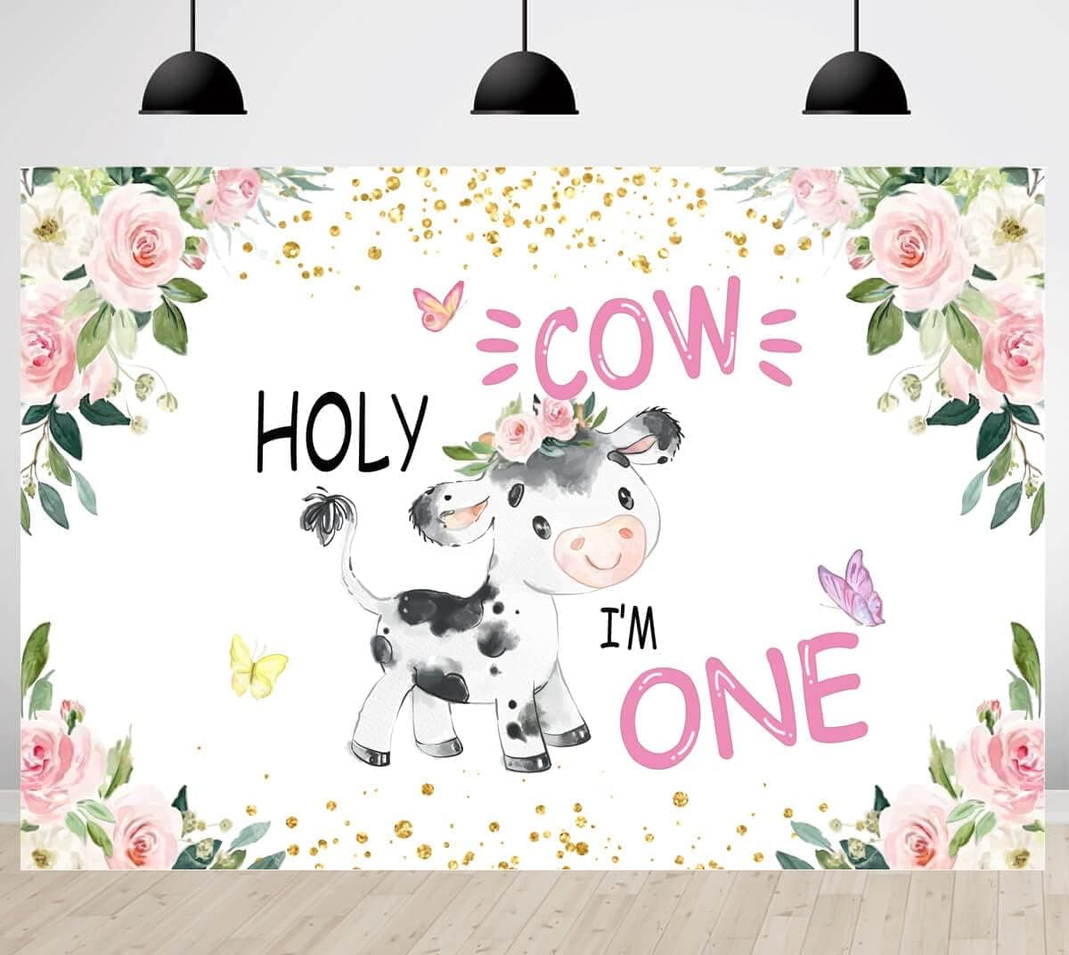 Holy Cow 1st Birthday Backdrop for Girls Pink Flowers Cow I'm One Photography Background Girl Happy First Birthday Party Decorations Cake Table Banners Photo Booth Props 5x3ft