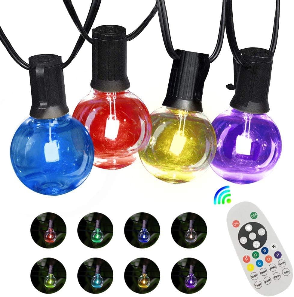 SUNTHIN 27FT Colored LED Outdoor String Lights for Holiday Party Lights, Patio Backyard, Home and Outdoor Decorative, with Shatterproof RGB G40 Globe Bulb and Wireless 2.4G Remote Controller