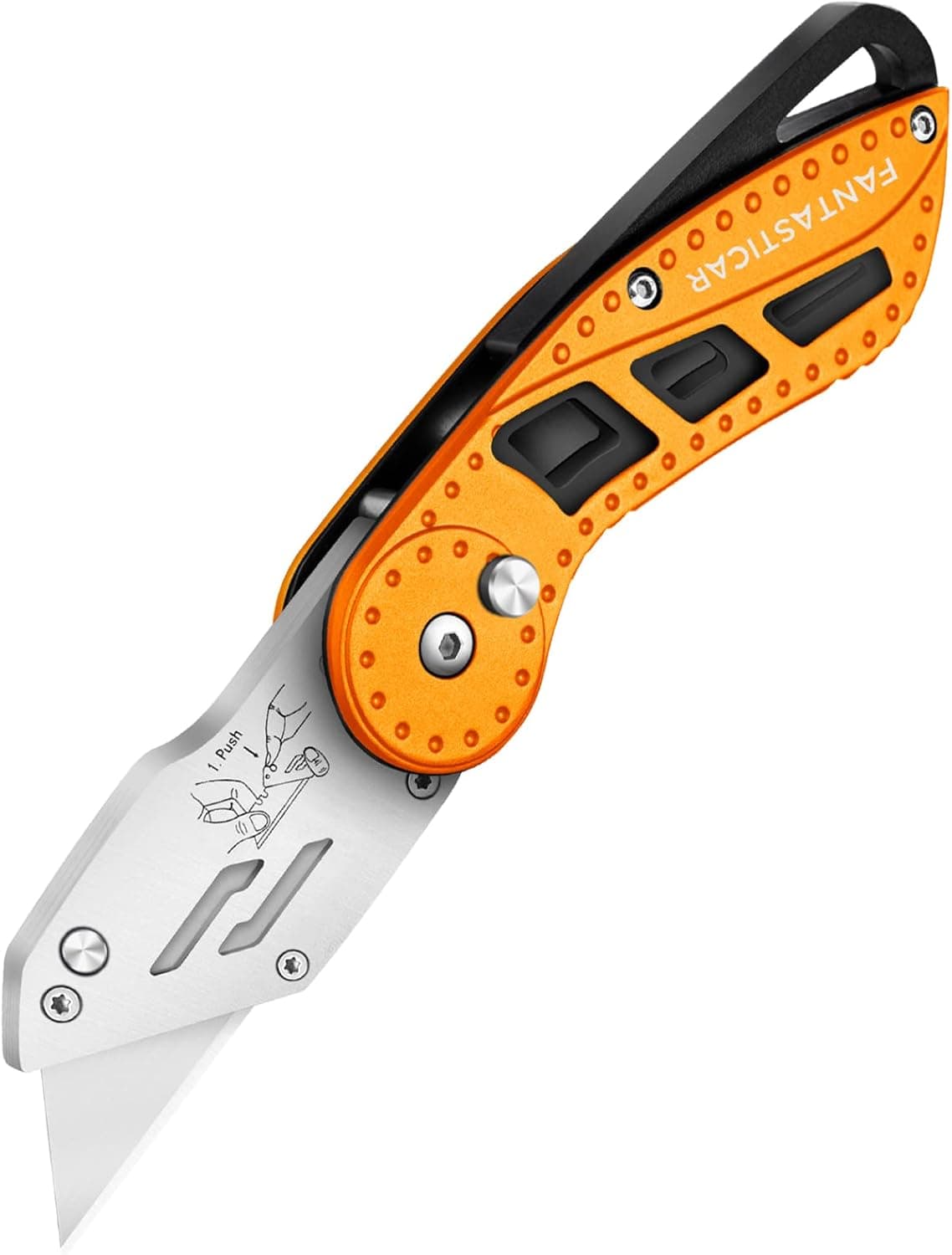 FantastiCAR Folding Utility Knife Box Cutter with 5-Piece Extra Blades, Aluminum Body and Lock-Back Anti-slip Handle (Orange)