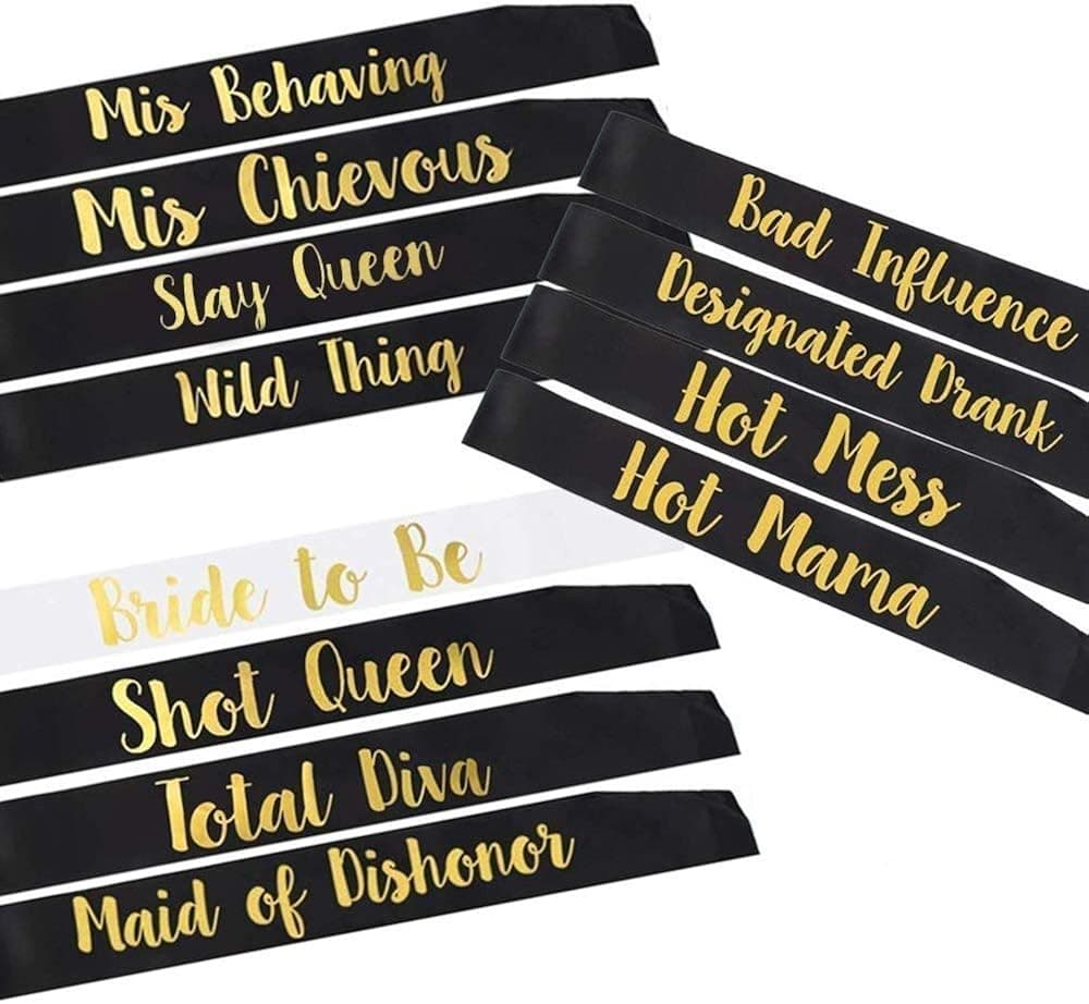 YZDING 12 Pcs Bride To Be Sash Bachelorette Party Decorations- Unique Bride And Bridesmaid Sashes For Bachelorette party (Black, Gold letters)
