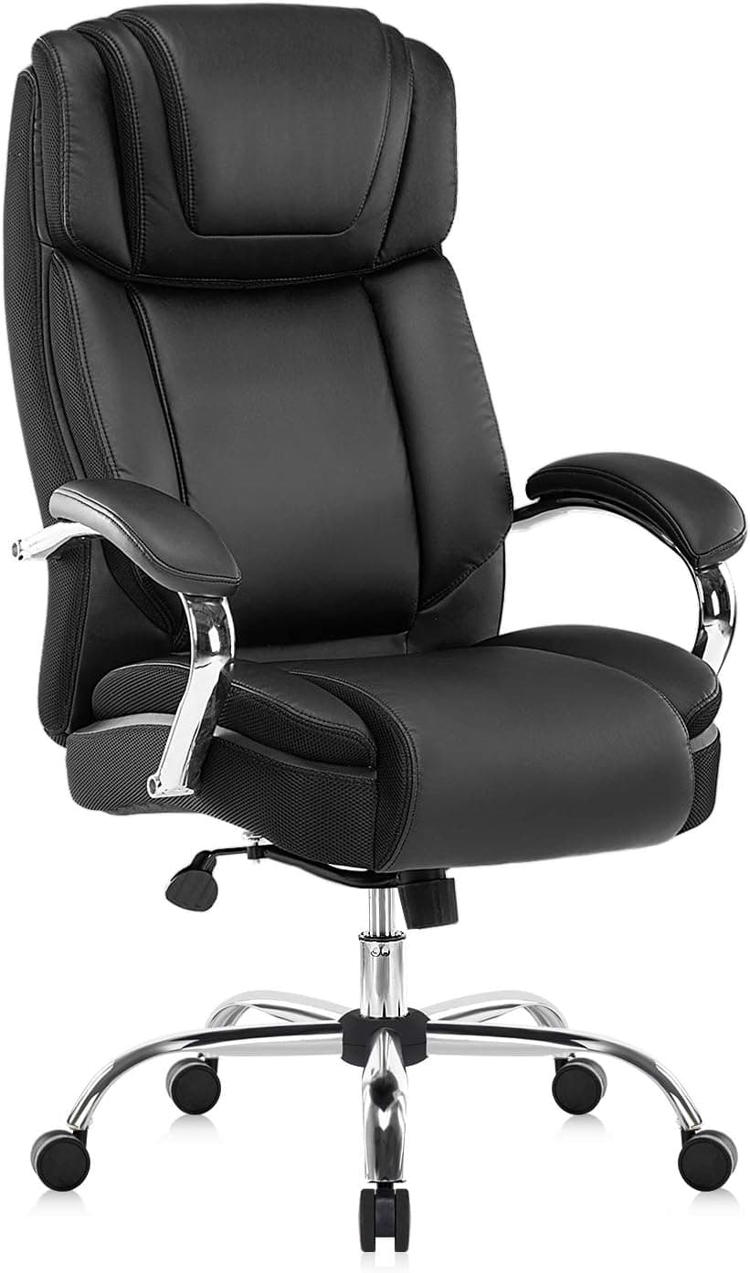 KERMS Upgraded Big and Tall Office Chair, Ergonomic Heavy Duty Computer Desk Chair 400lbs, Adjustable PU Leather High Back Managerial Executive Chair with Lumbar Support and Adjustable Height, Black