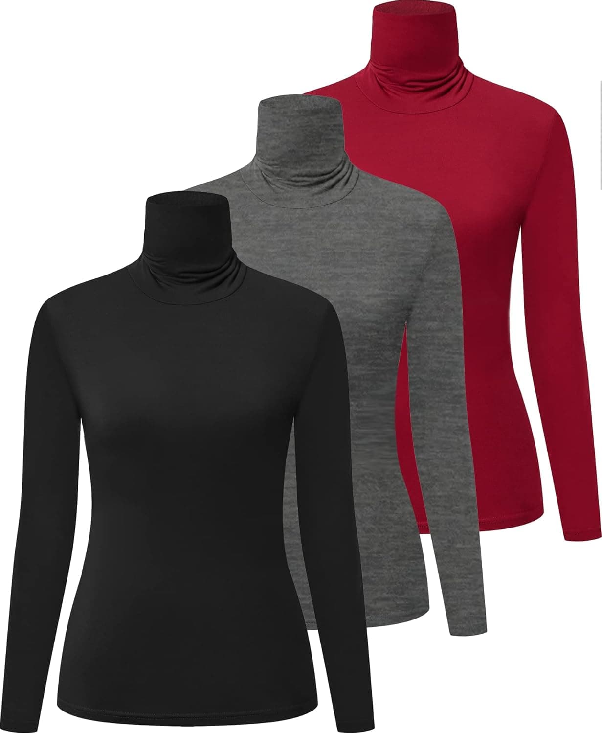 HOPLYNN 3 Pack Turtlenecks Women Long Sleeve Pullover Turtle Neck Mock Shirts Baselayer Sweater Tops Black Grey Red Large