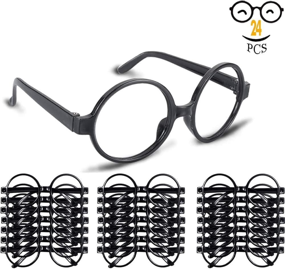 TGE-V Wizard Glasses with Round Frame No Lenses for Kids Wizard, Halloween, St Patrick's Day Costume Party Supplies Decorations, 24 Pack, Black