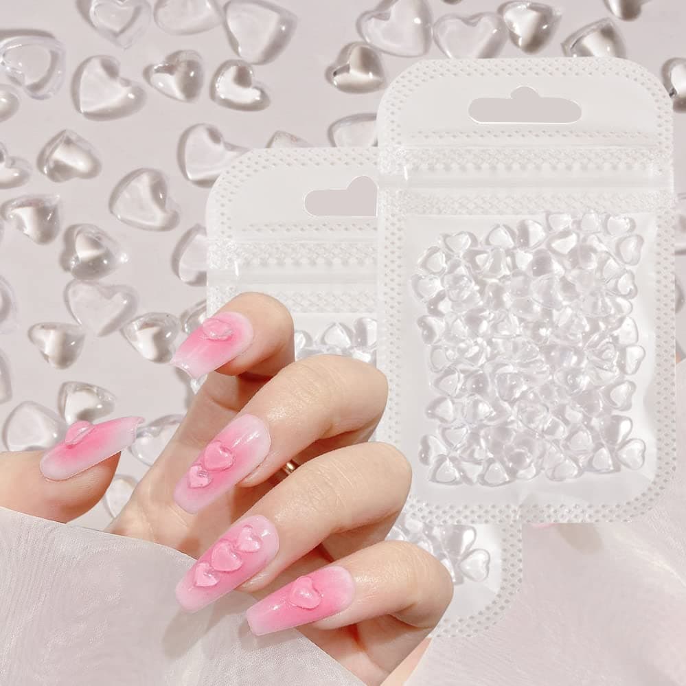 200PCS Clear Heart Nail Art Decals Charms for Nails, Clear 3D Acrylic Heart Nail Charms for Women DIY Manicures Salon Accessories