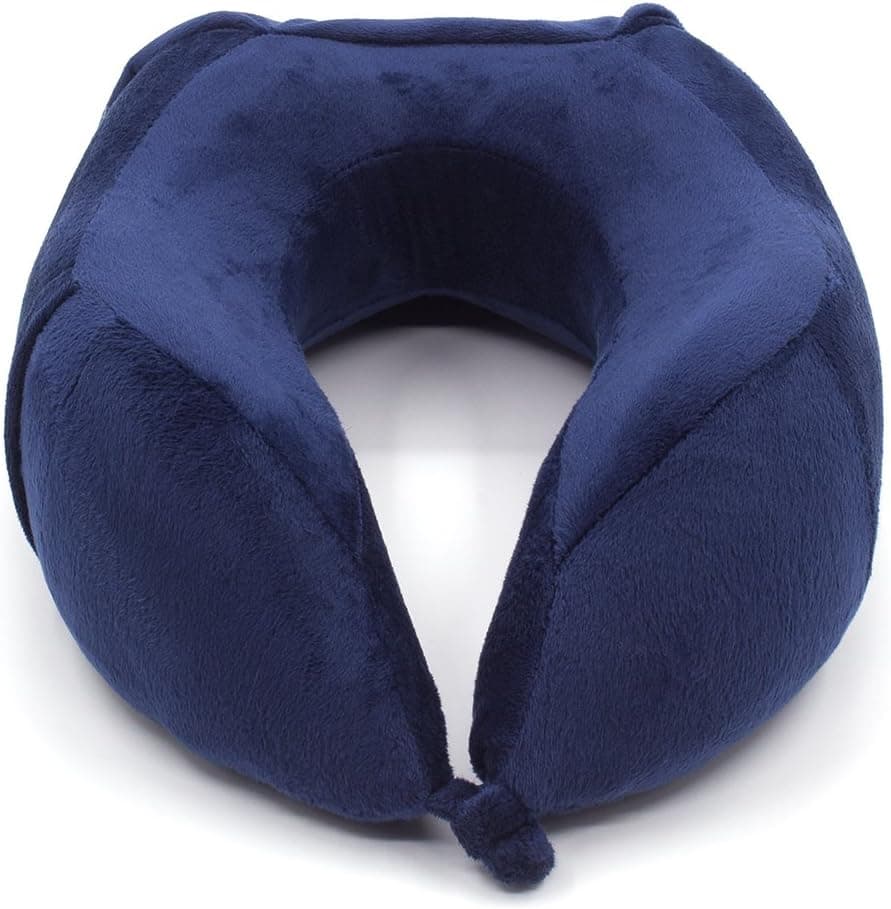 cottile Memory Foam Travel Neck Pillow with Unique Designed Self Attached Carry Bag, Adjustable Toggles and Velour Cover, Blue