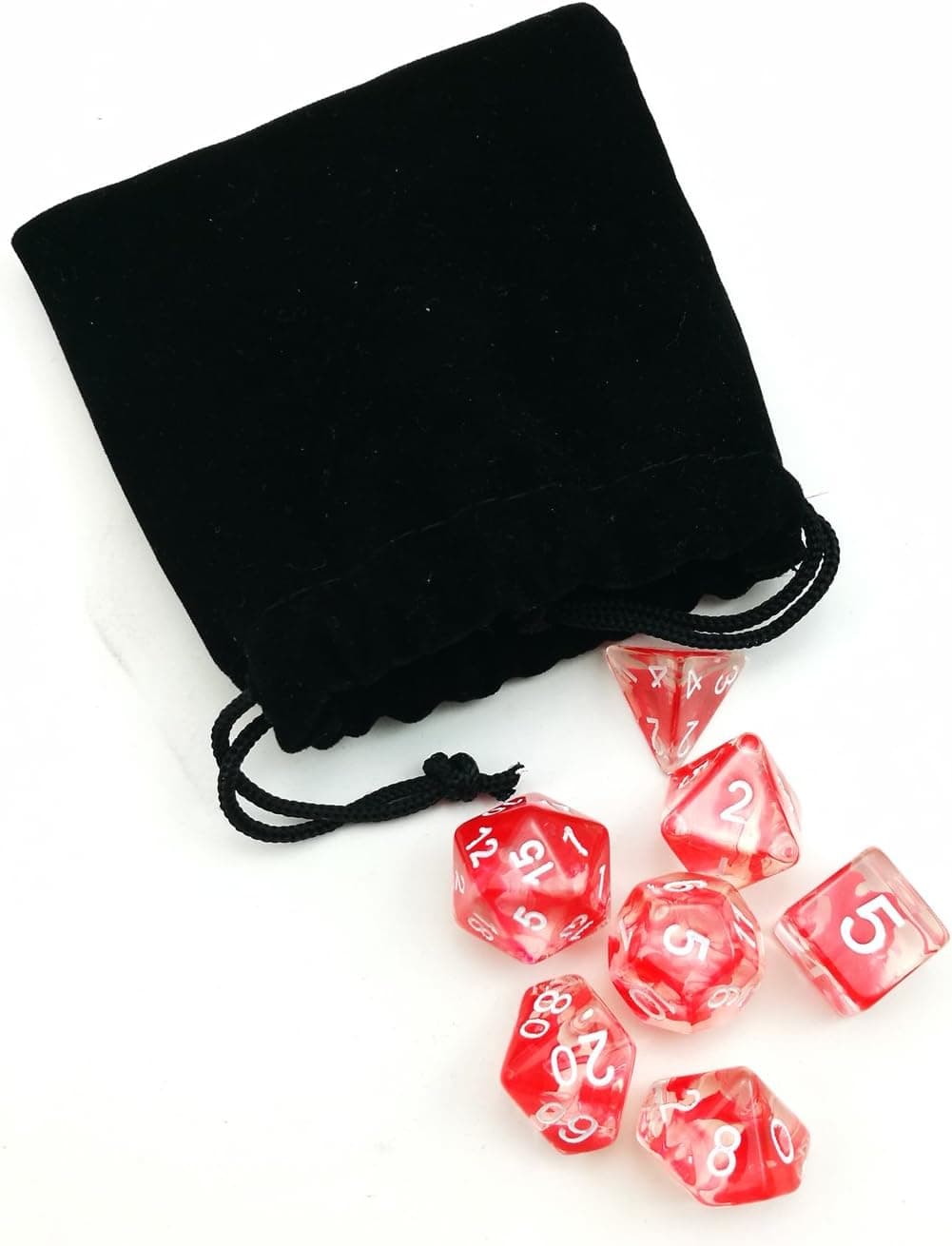 Bescon Polyhedral 7-Die Red Nebulous Dice Set Role Playing Dice Set D4-D20 in Velvet Bag Packing
