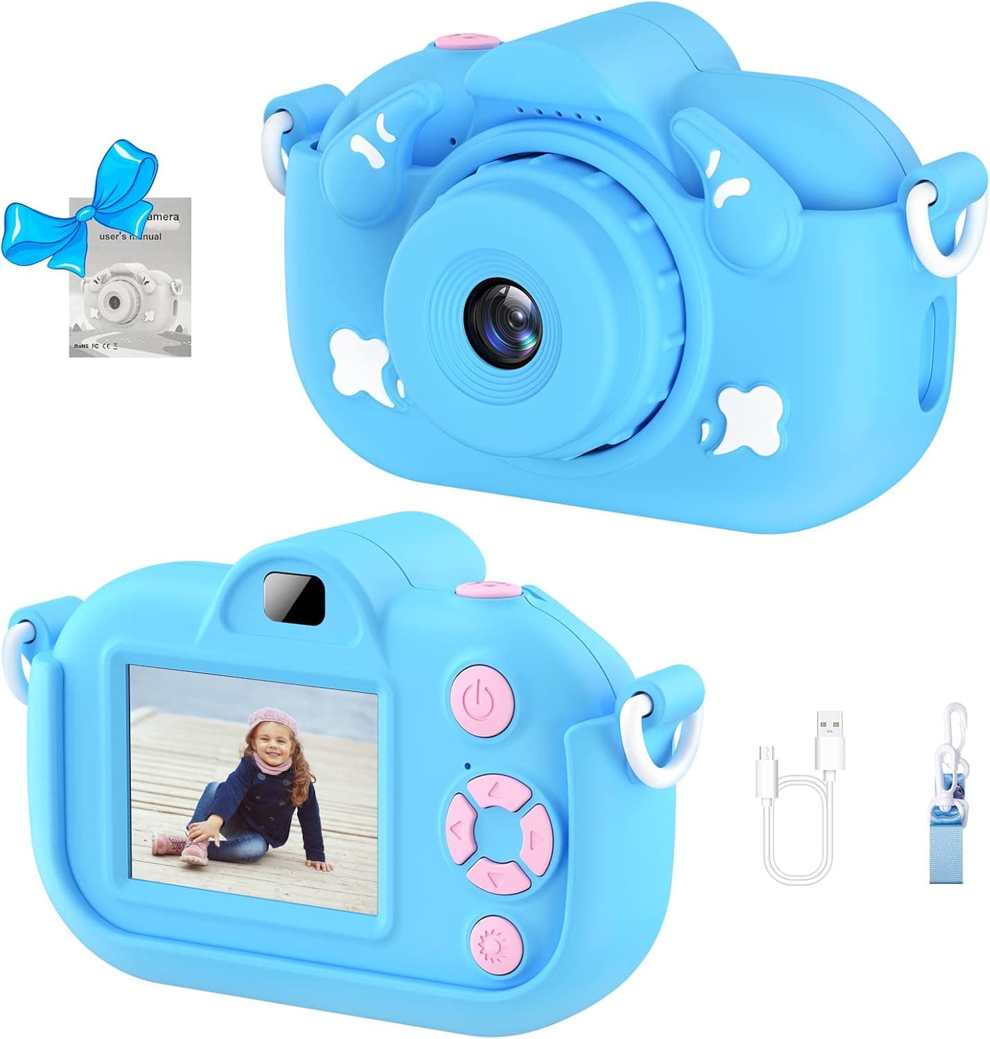 WEDNKOLY Upgrade Selfie Kids Camera, Christmas Birthday Gifts for Boys Girls Age 3-9, HD Kids Digital Video Camera for Toddler Portable Toy for 3 4 5 6 7 8 Years Old Girl - Blue
