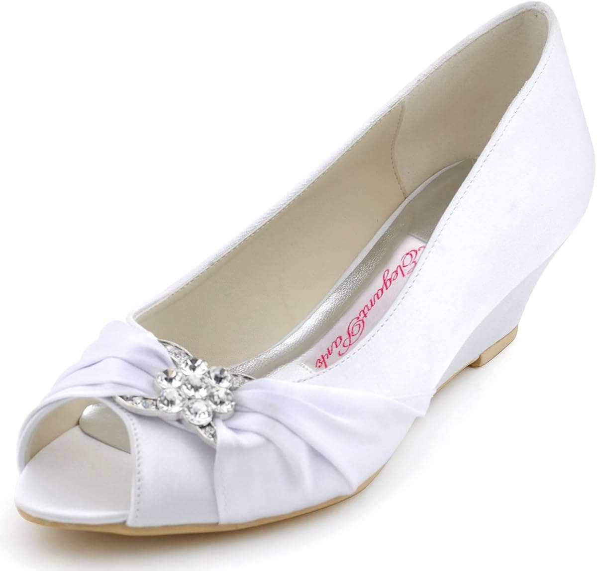 ELEGANTPARK Women Peep Toe Pumps Rhinestones Mid Heel Wedges Satin Wedding Bridal Shoes