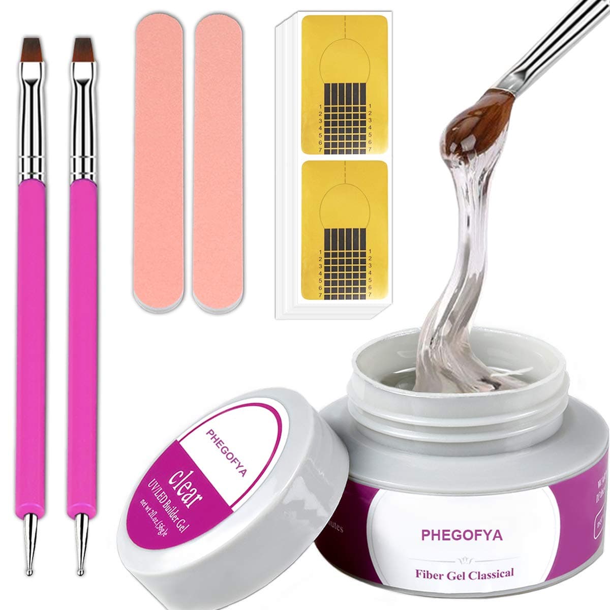 PHEGOFYA Clear Builder Gel, 60g UV LED Builder Gel Nail Art Manicure Kit Nail Strengthen Hard Gel Nail Extension Gel with 100Pcs Nail Forms and Dual-use Pen for Women and Girls