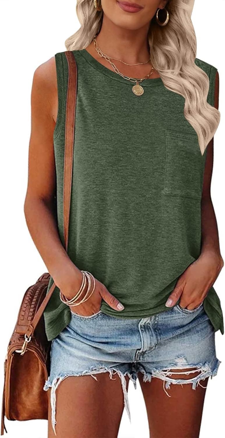 TECREW Women's Summer Sleeveless Crew Neck Tank Tops Casual Basic T Shirts Blouse