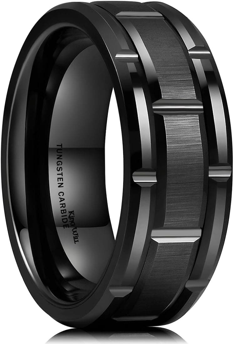 King Will LOOP 8mm Tungsten Carbide Wedding Band Green Plated Grooved Ring Black and Silver Brushed Comfort Fit 8.5