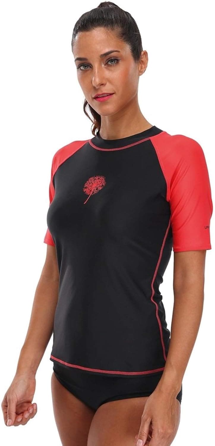 ATTRACO Women Rash Guard Swimsuit Swim Shirts Sun Protection UPF 50+ Printed Black-red