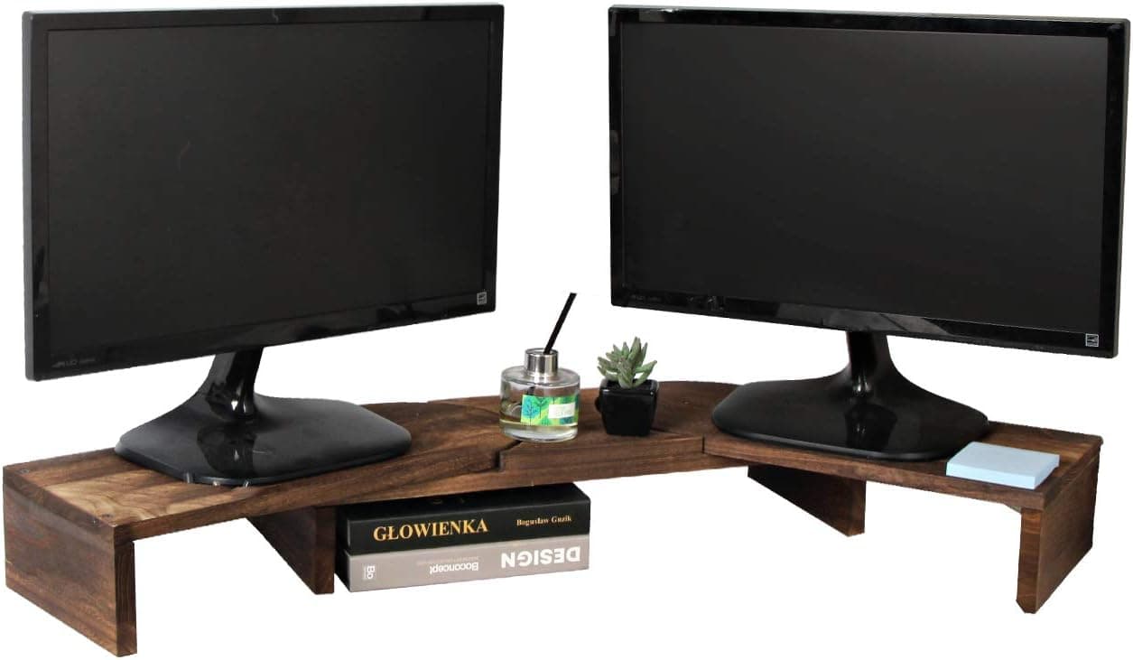 J JACKCUBE DESIGN Rustic Torched Wood Dual Monitor Stand with Adjustable Angle Riser 2 Monitors Office Desk Organizer Computer Table top Screen Shelf for PC TV Laptop - MK547B