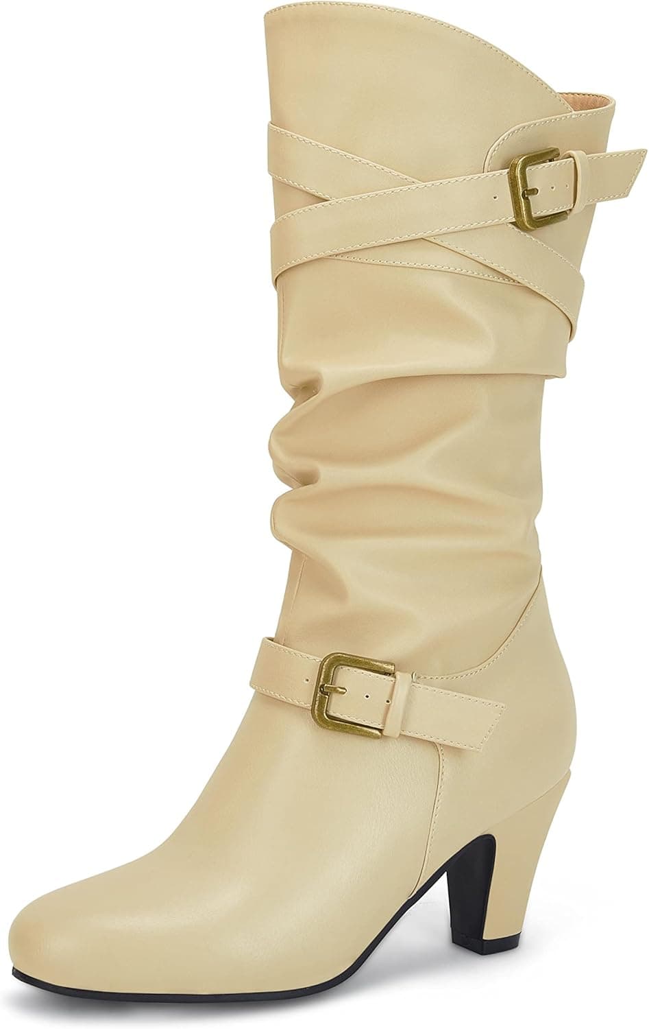 Coutgo Womens Slouchy Mid Calf Boots Chunky Heel Faux Leather Knee High Boots Side Zipper Metal Buckle Folds Winter Boots