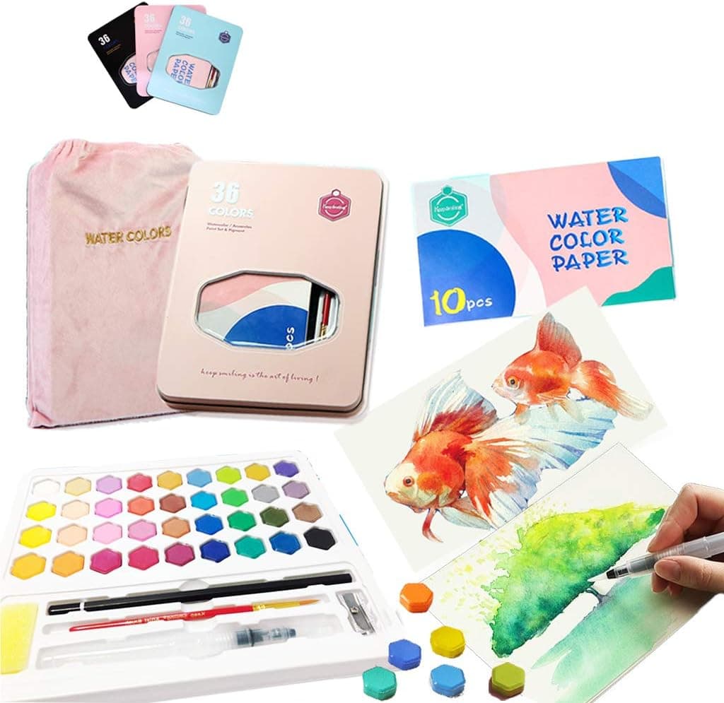 VNVDFLM 36 Vibrant Watercolor Paint Set,Art Kit for Students Kids Beginners Artists to Landscape and Portrait Paintings,Portable & Washable Art Supplies for Kids and Adults,Best Gift for Others(Pink)