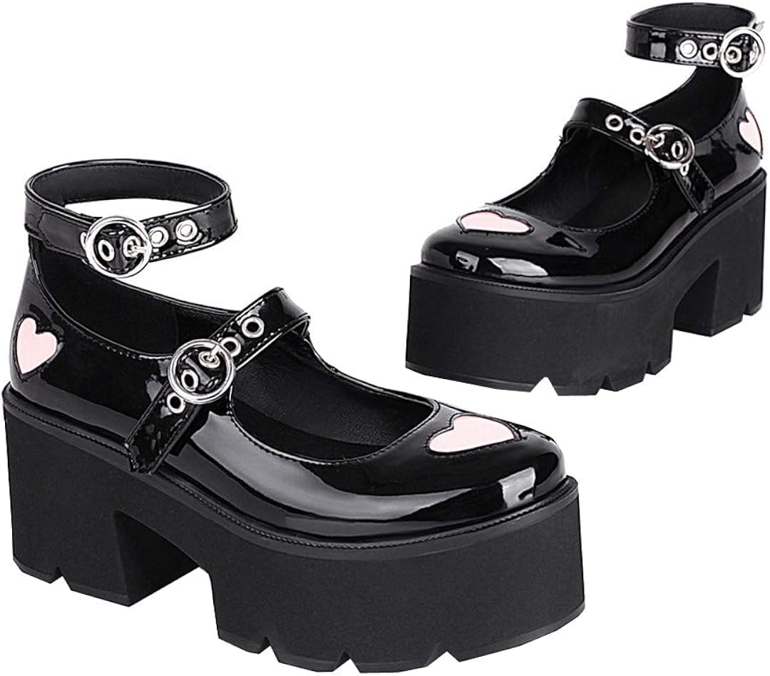 Juleya Womens Ankle Strap Mary Jane Platform Patent Leather Gothic Dress Shoes Chunky High Heel Pumps