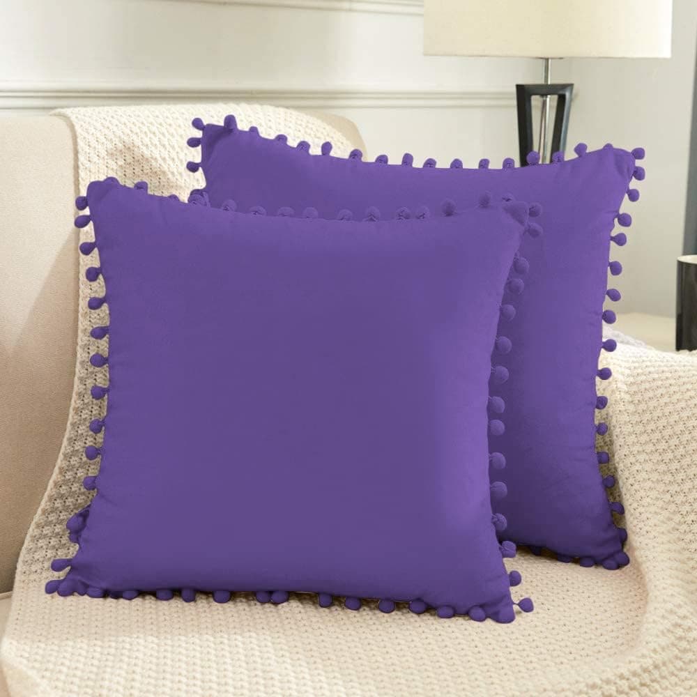 BeBen Decorative Throw Pillow Covers with Pom Poms, Pack of 2 Soft Particles Velvet Pillow Cases Square Cushion Covers for Couch Bedroom Car Sofa Outdoors 18x18 Ultra Purple